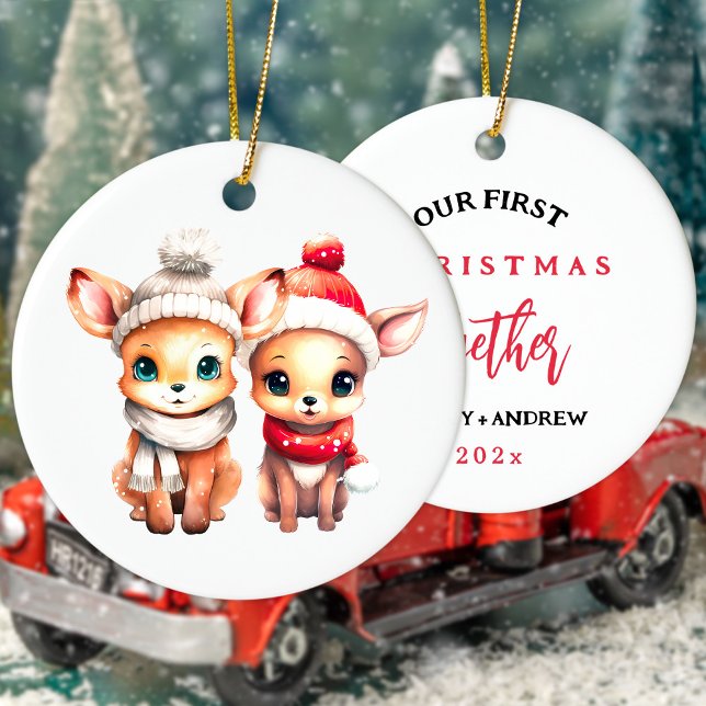 Cute baby deer First Christmas together T-Shirt Ceramic Ornament (Our 1st Christmas together, married, engeged, etc Christmas ornament with cute deer in hats.)