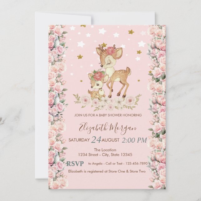 Cute Baby Deer Flowers Roses Stars Baby Shower  Invitation (Front)