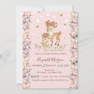 Cute Baby Deer Flowers Roses Stars Baby Shower Invitation