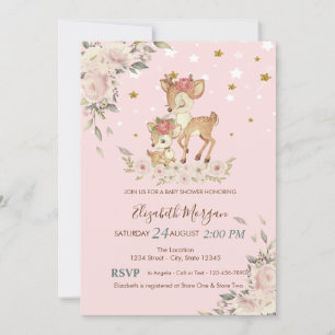 Cute Baby Deer Flowers,Stars Baby Shower Invitation