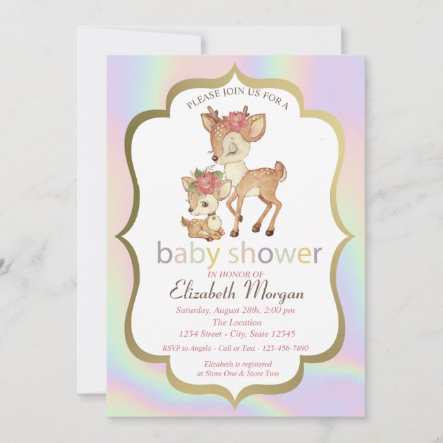 Cute Baby Deer Frame Holographic Baby Shower Invitation (Front)