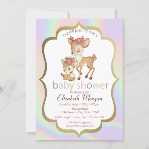 Cute Baby Deer Frame Holographic Baby Shower Invitation