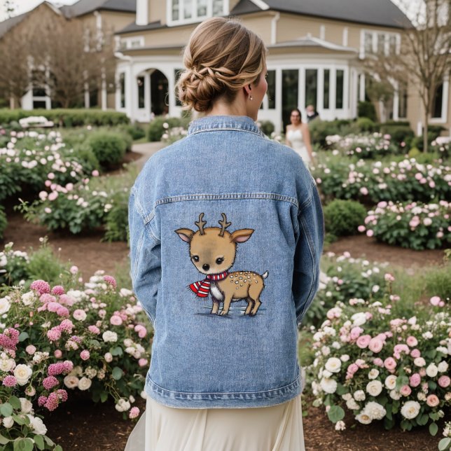 Cute Baby Deer in Winter Scarf Denim Jacket (Wedding Back)