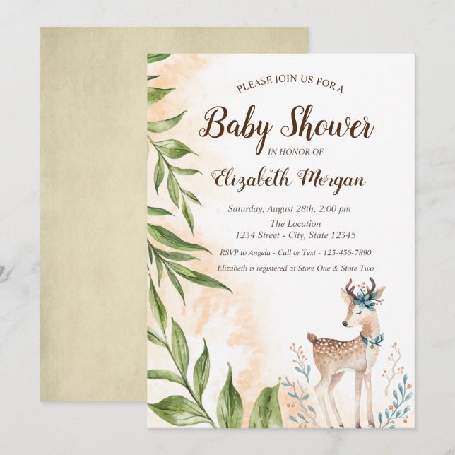 Cute Baby Deer Leaves Baby Shower Invitation (Front/Back)