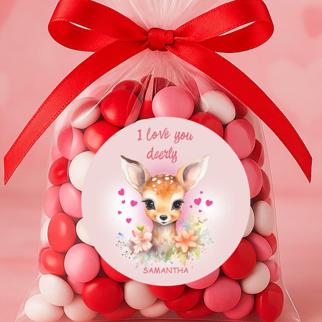 Cute Baby Deer Love You Pink Happy Valentines Day Classic Round Sticker ("I love you dearly" cute little deer Valentine's Day sticker)