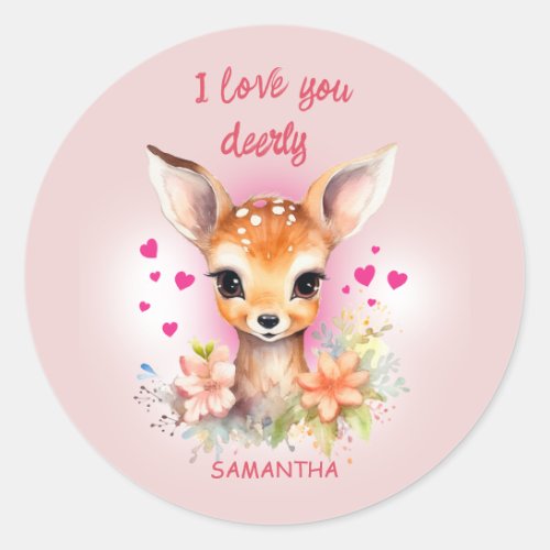 Cute Baby Deer Love You Pink Happy Valentines Day Classic Round Sticker