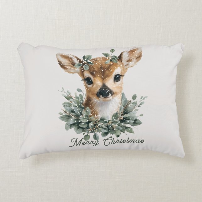 Cute Baby Deer Merry Christmas – Watercolor Fawn  Accent Pillow (Front)