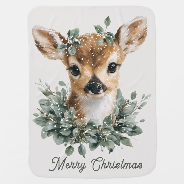 Cute Baby Deer Merry Christmas – Watercolor Fawn  Baby Blanket (Front)