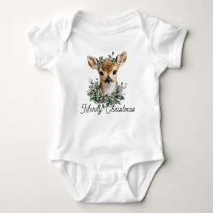 Cute Baby Deer Merry Christmas – Watercolor Fawn Baby Bodysuit