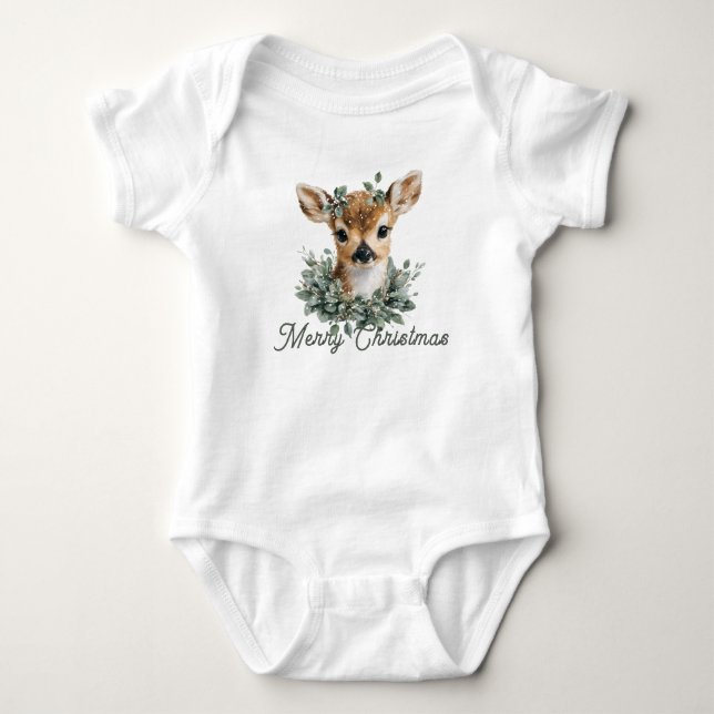 Cute Baby Deer Merry Christmas – Watercolor Fawn  Baby Bodysuit (Front)