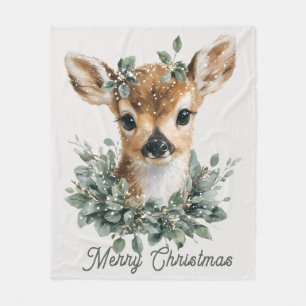 Cute Baby Deer Merry Christmas – Watercolor Fawn Fleece Blanket