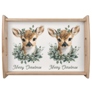 Cute Baby Deer Merry Christmas – Watercolor Fawn Serving Tray