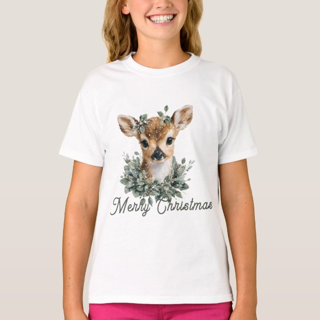 Cute Baby Deer Merry Christmas – Watercolor Fawn  T-Shirt (Front)