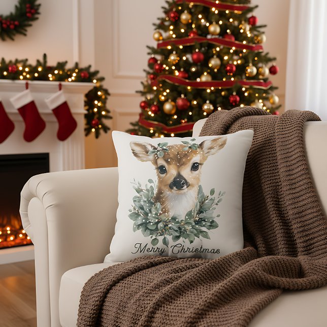 Cute Baby Deer Merry Christmas – Watercolor Fawn  Throw Pillow (Creator Uploaded)