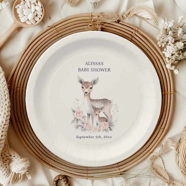 Cute Baby Deer Mother Baby Girl Shower Paper Plates (Cute deer baby shower paper plates personalized with the name of the mother-to-be)