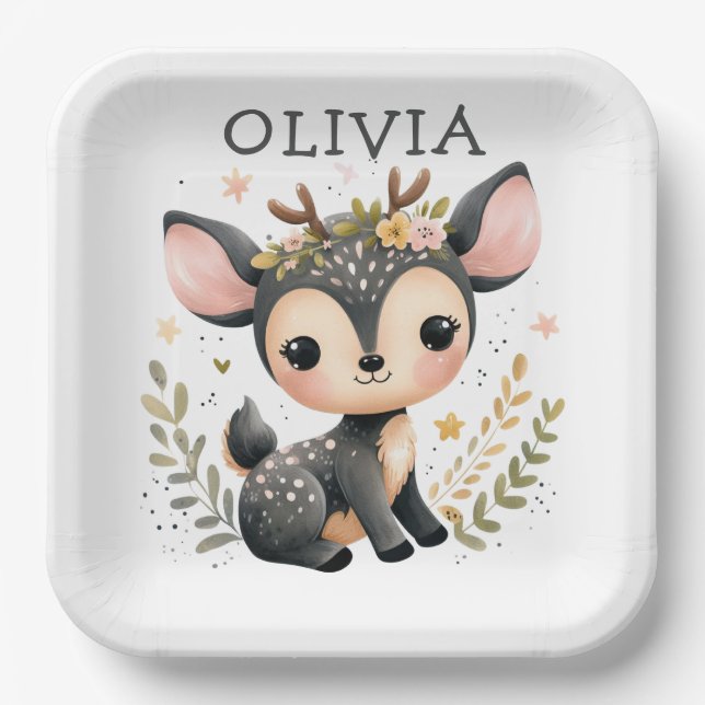 Cute Baby Deer Personalized Paper Plates (Front)