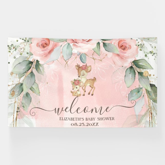 Cute Baby Deer Pink Roses Banner (Horizontal)