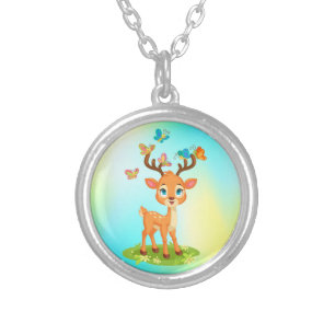 Cute Baby Deer Playing with Butterfles-23475 Silver Plated Necklace