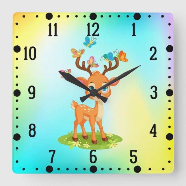 Cute Baby Deer Playing with Butterfles-23475 Square Wall Clock (Front)
