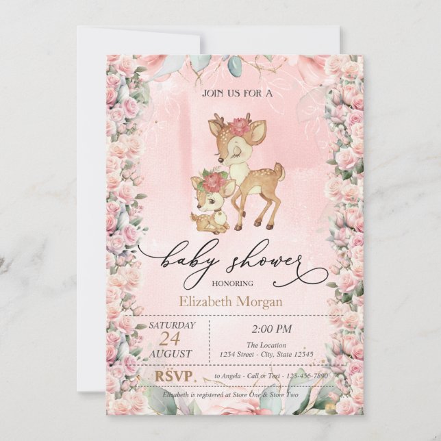 Cute Baby Deer Roses Border Baby Shower  Invitation (Front)