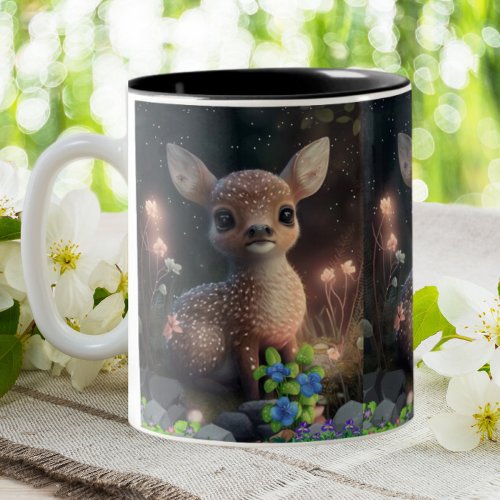 Cute Baby Deer Standing in Moonlight  Two_Tone Coffee Mug