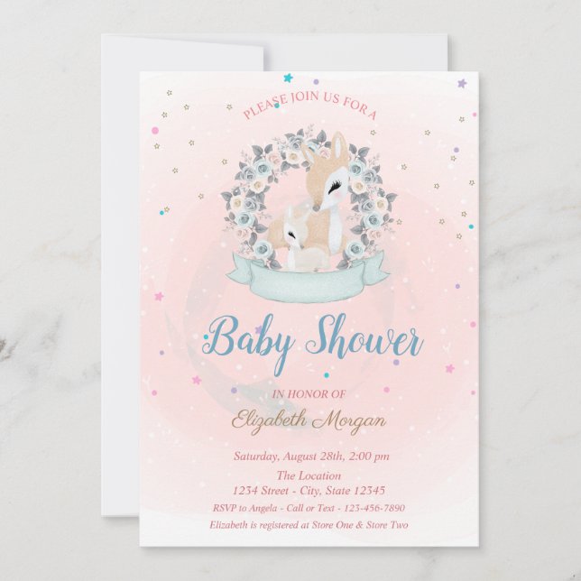 Cute Baby Deer, Stars Blue Roses Baby Shower  Invitation (Front)