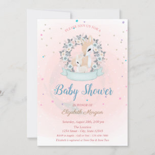 Cute Baby Deer, Stars Blue Roses Baby Shower Invitation