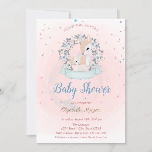 Cute Baby Deer Stars Blue Roses Baby Shower  Invitation