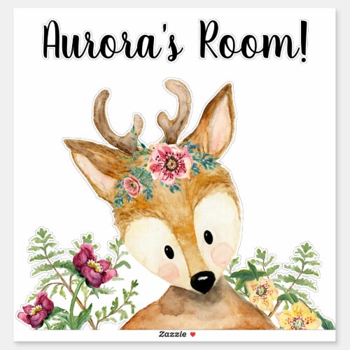 Cute Baby Deer Watercolor Boho Floral Nursery Name Sticker