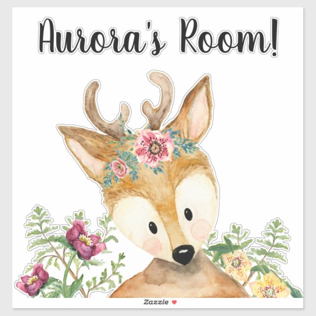 Cute Baby Deer Watercolor Boho Floral Nursery Name Sticker (Sheet)