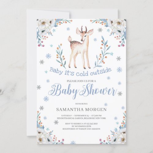 Cute baby deer winter blue floral boy baby shower invitation