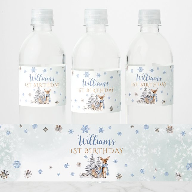 Cute Baby Deer Winter Blue Water Bottle Label (Creator Uploaded)