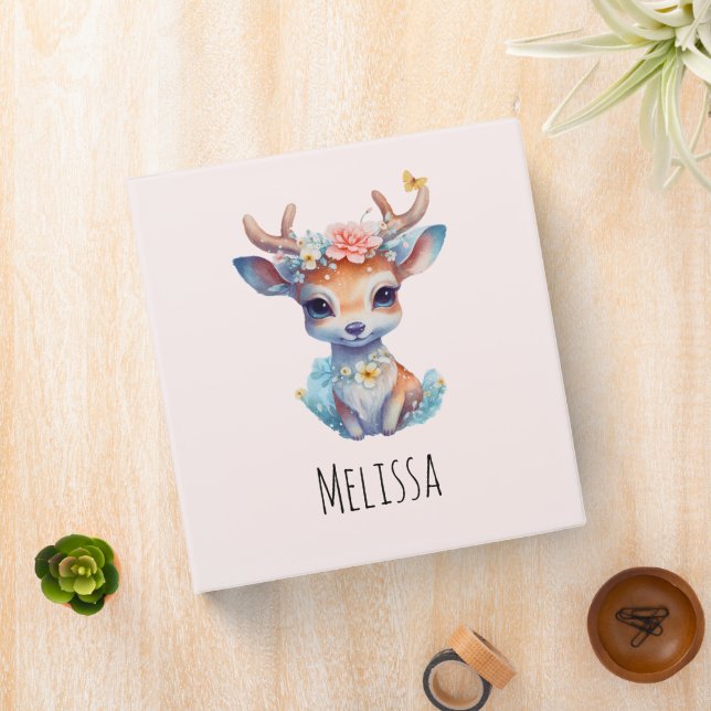 Cute Baby Deer with Antlers and Flowers 3 Ring Binder (In Situ)