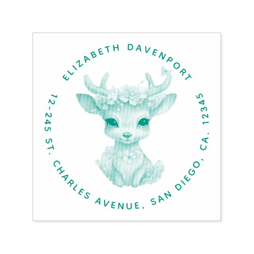 Cute Baby Deer with Antlers and Flowers Address Self_inking Stamp