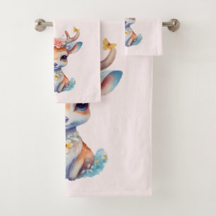 Cute Baby Deer with Antlers and Flowers Bath Towel Set