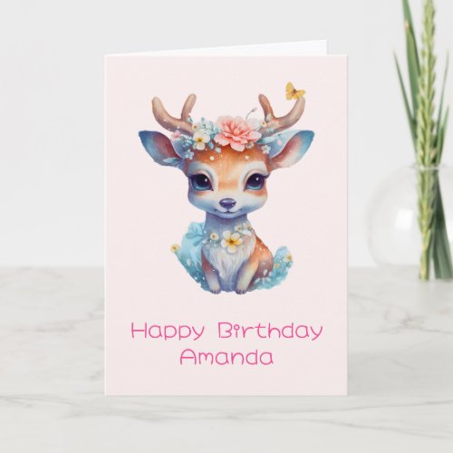 Cute Baby Deer with Antlers and Flowers Birthday Card