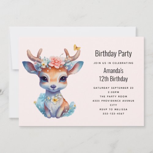 Cute Baby Deer with Antlers and Flowers Birthday Invitation