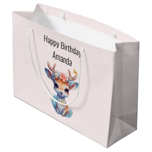 Cute Baby Deer with Antlers and Flowers Birthday Large Gift Bag