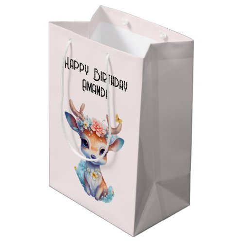 Cute Baby Deer with Antlers and Flowers Birthday Medium Gift Bag