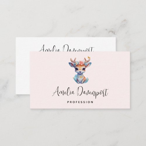 Cute Baby Deer with Antlers and Flowers Business Card