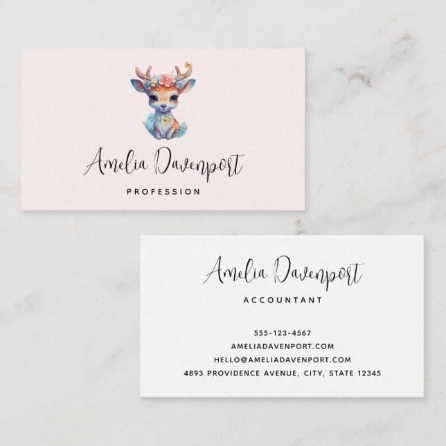 Cute Baby Deer with Antlers and Flowers Business Card (Front/Back)