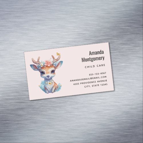 Cute Baby Deer with Antlers and Flowers Business Card Magnet