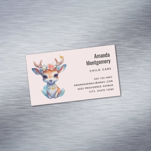 Cute Baby Deer with Antlers and Flowers Business Card Magnet (In Situ)