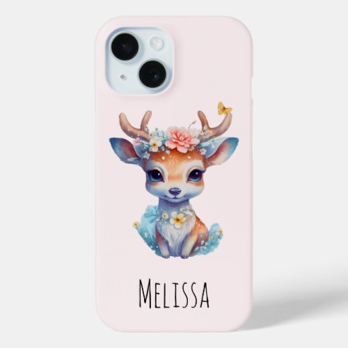 Cute Baby Deer with Antlers and Flowers iPhone 15 Case