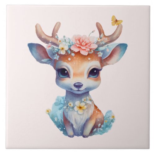 Cute Baby Deer with Antlers and Flowers Ceramic Tile