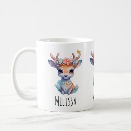Cute Baby Deer with Antlers and Flowers Coffee Mug