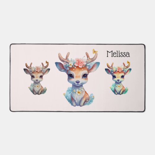 Cute Baby Deer with Antlers and Flowers Desk Mat