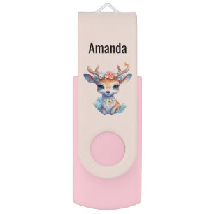 Cute Baby Deer with Antlers and Flowers Flash Drive