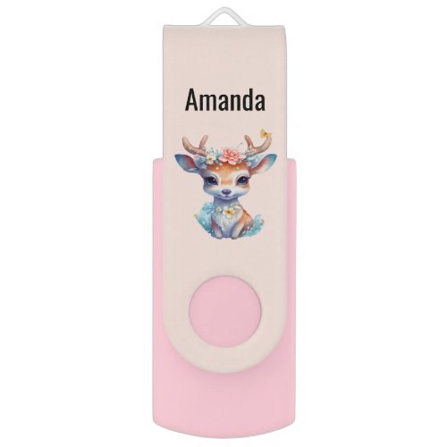 Cute Baby Deer with Antlers and Flowers Flash Drive