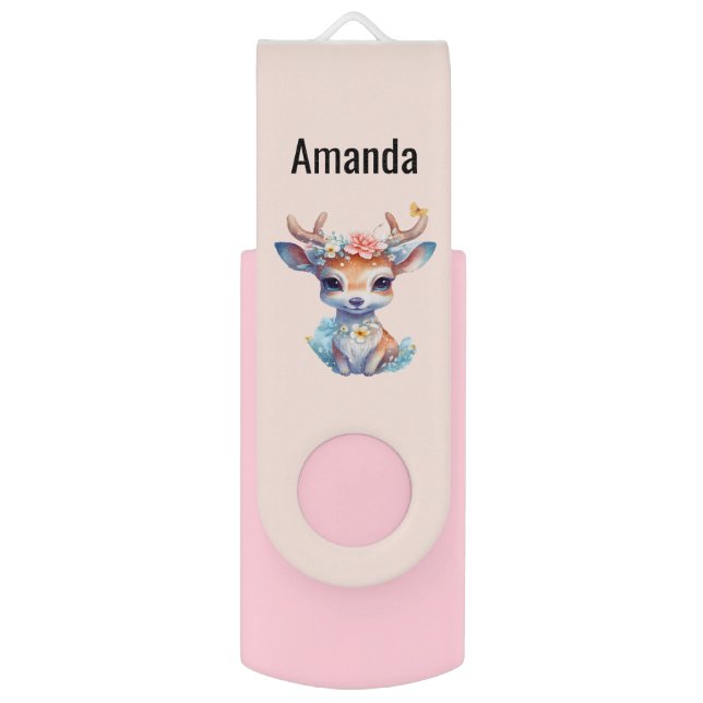 Cute Baby Deer with Antlers and Flowers Flash Drive (Front Vertical)